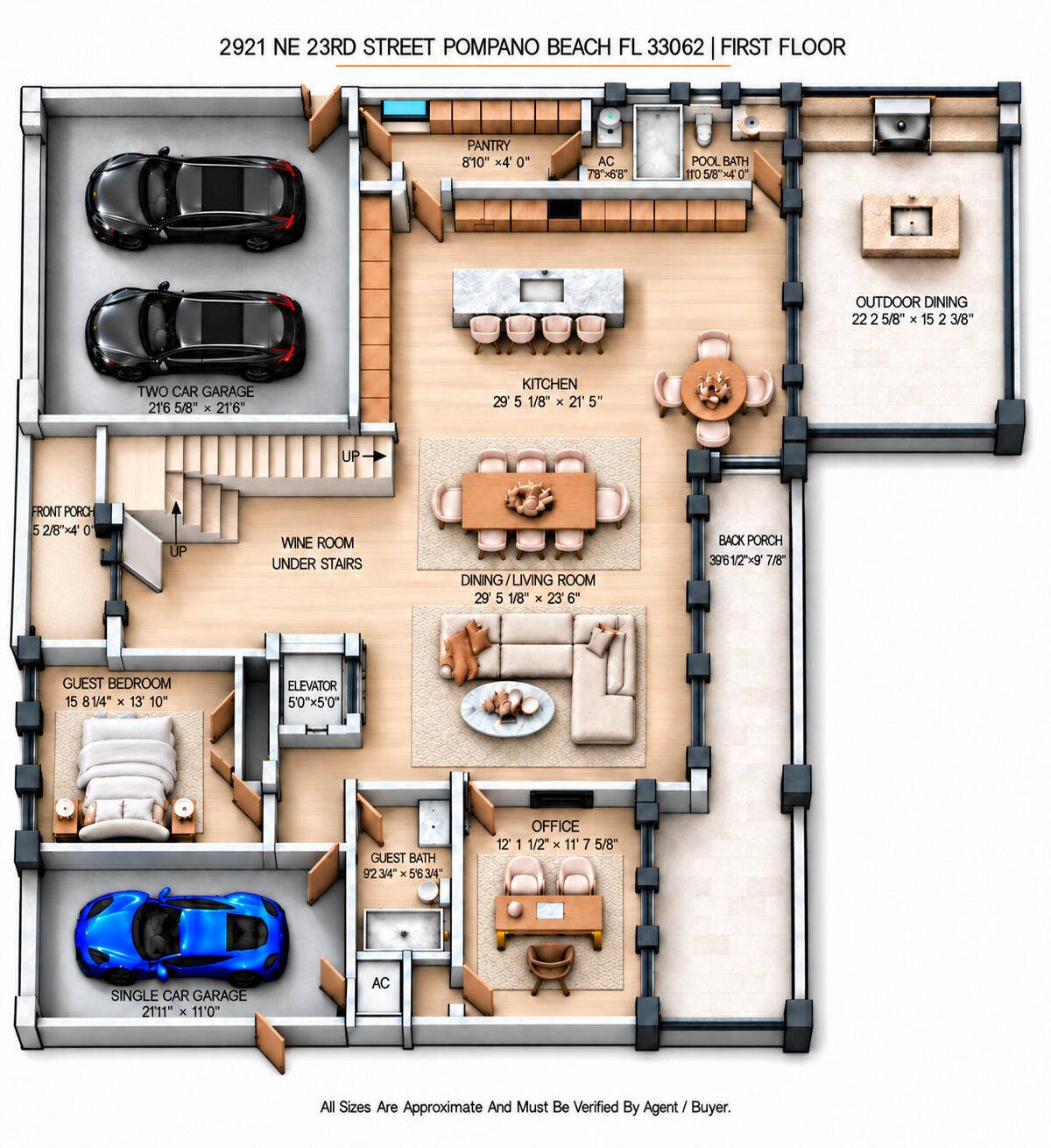 2921 NE 23RD Street, Pompano Beach, FL 33062 First Floor Plan virtual furniture - all sizes on floor plans are approximate not guaranteed and must be verified