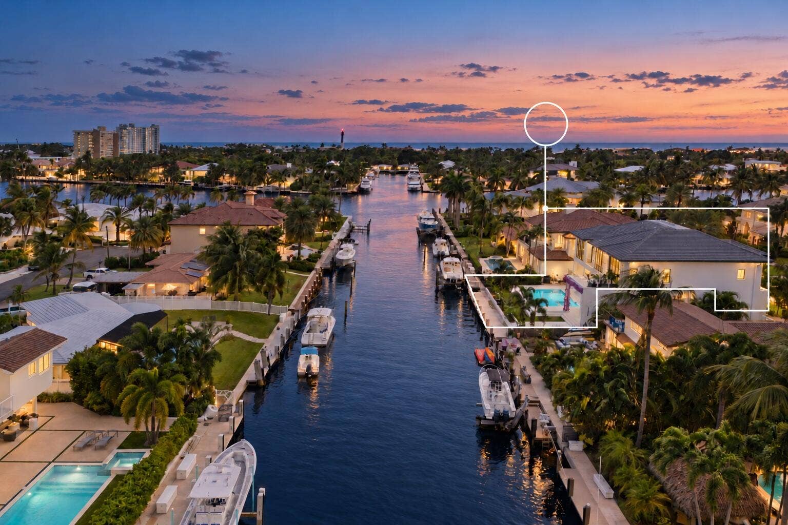 2921 NE 23RD Street, Pompano Beach, FL 33062 2921 canal view with house outline sunse