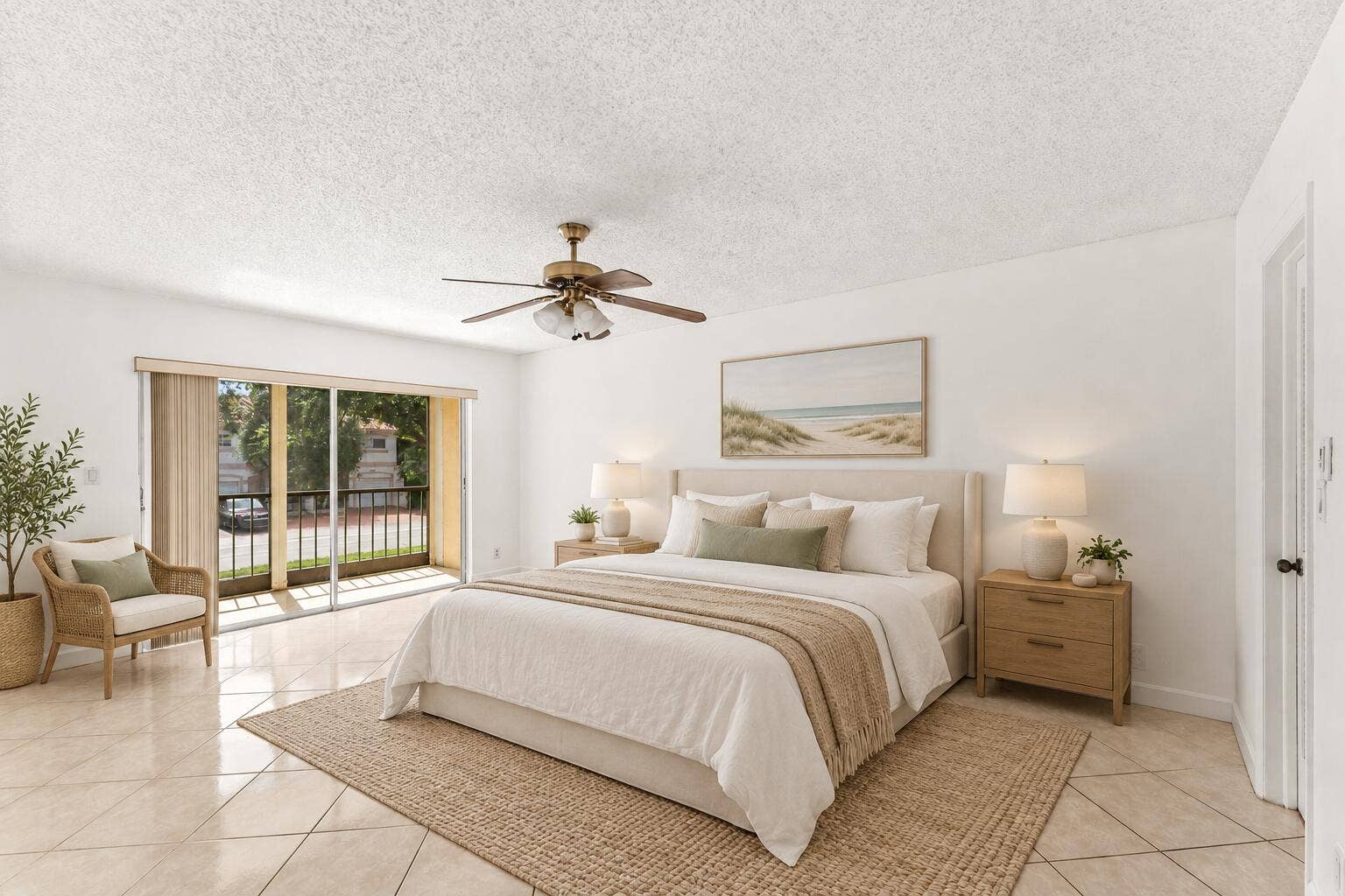 Warm coastal bedroom with oak accents