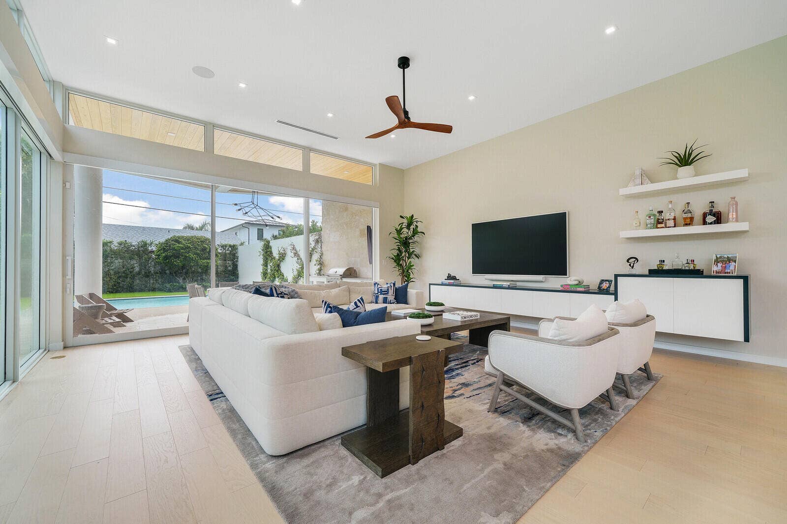 Family room with custom built ins