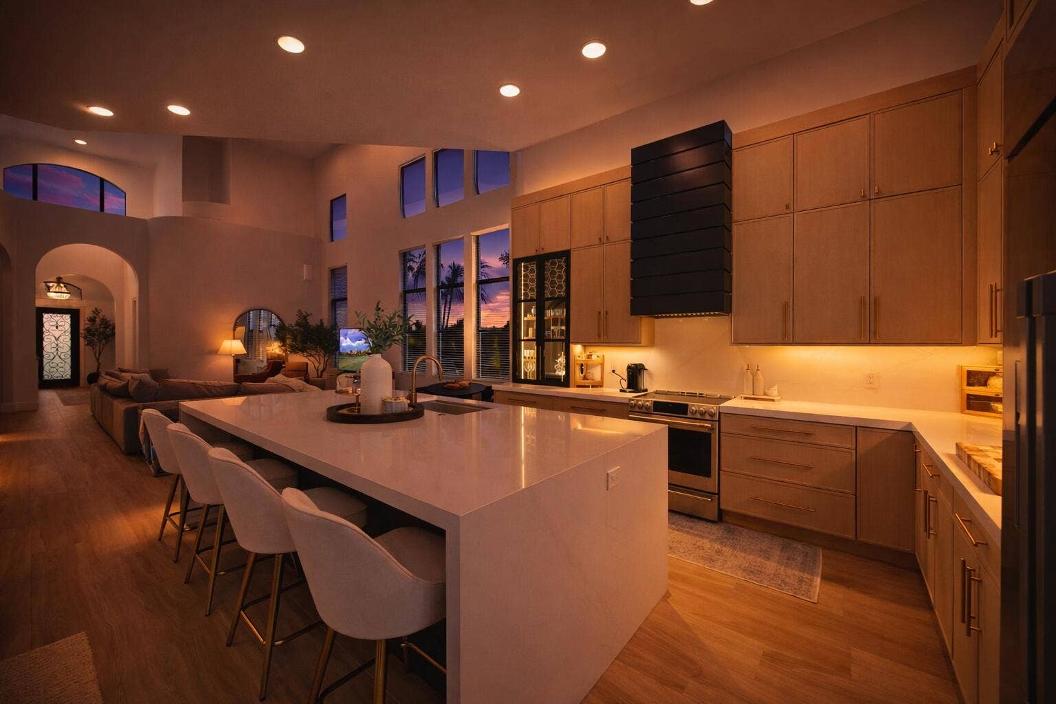 Kitchen featuring flat-panel cabinetry, a large waterfall-edge island, quartz countertops, a matte black range hood, and integrated under-cabinet lighting