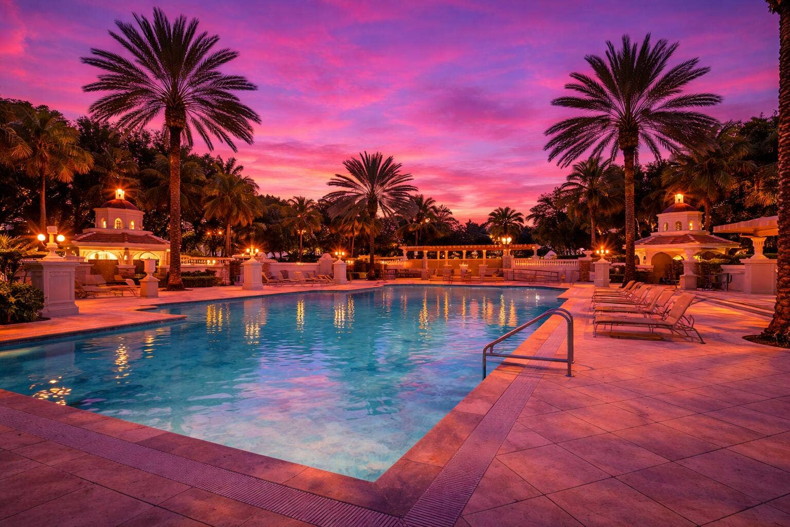 In-ground swimming pool featuring tile surround, integrated landscape lighting, dual gazebos, and mature palm trees