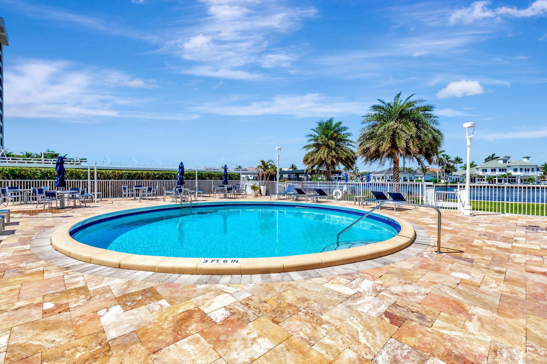 Circular swimming pool featuring a stone-paver deck, metal safety fencing, palm tree landscaping, and water-front placement
