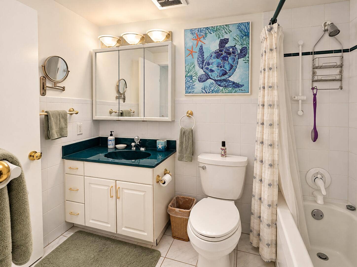 Coastal Bathroom with Teal Vanity and Br