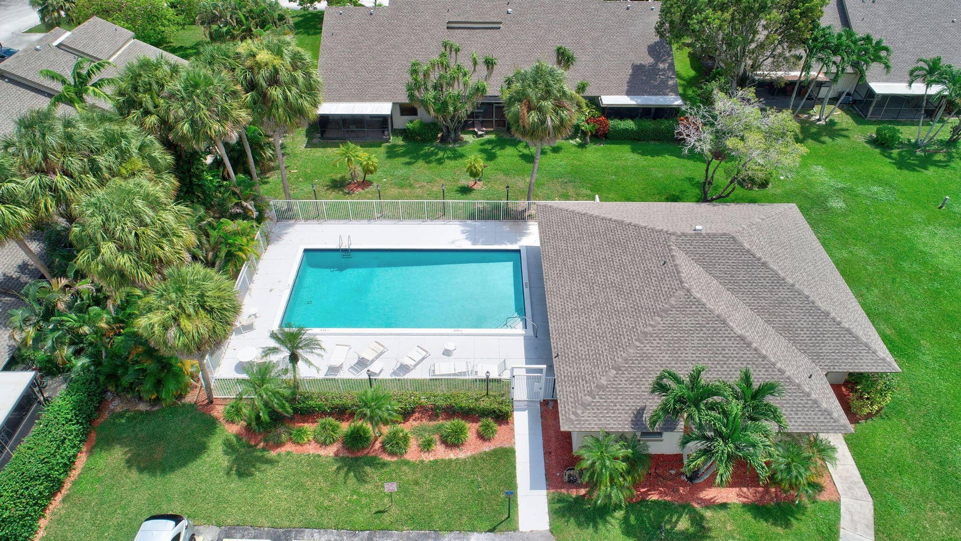 Aerial perspective featuring a rectangular swimming pool with an integrated safety fence, paved pool deck, and mature palm trees situated on a landscaped lot