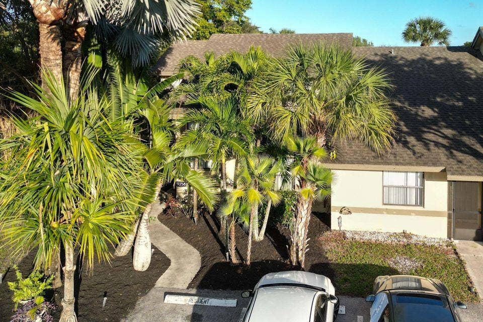 Exterior featuring stucco siding, a shingled roof, mature palm trees, and a paved walkway