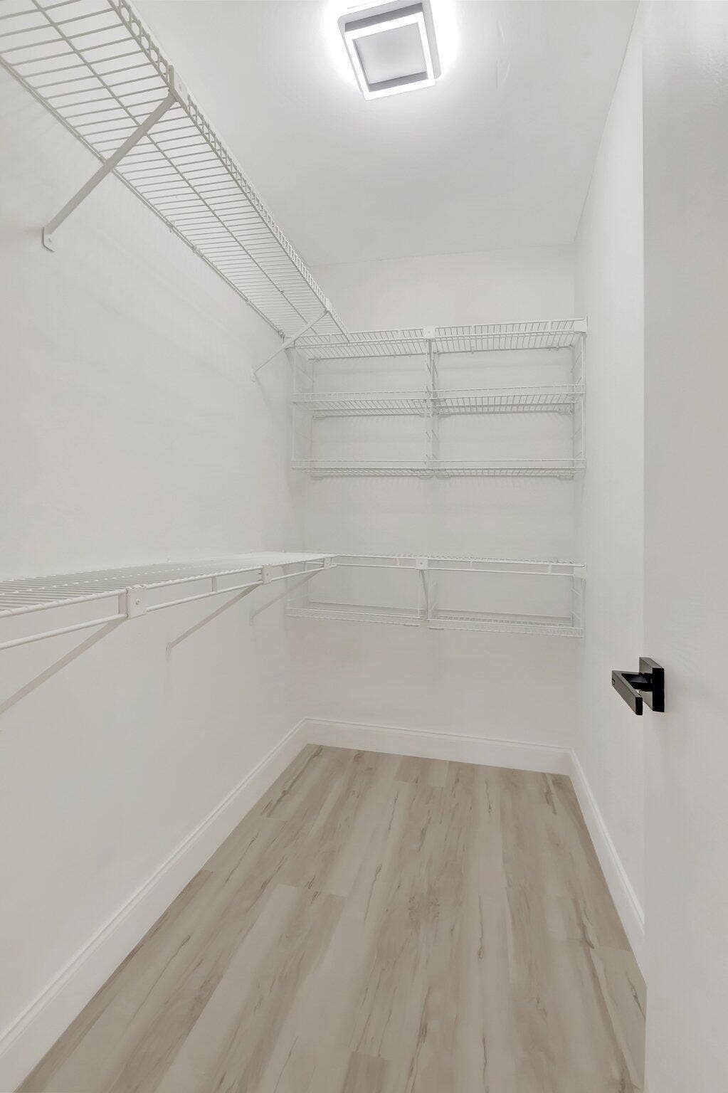Walk-in closet featuring wood-finish flooring, white walls, built-in white wire shelving, and a square flush-mount ceiling light fixture