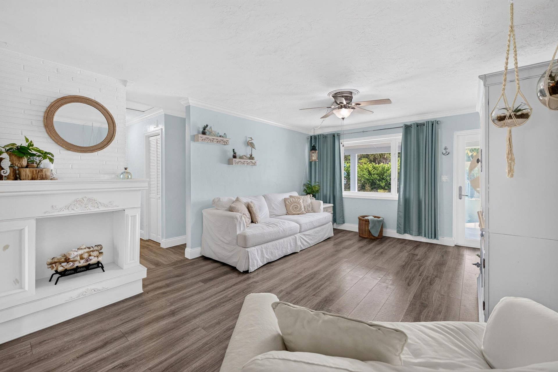 Living room with decorative fireplace
