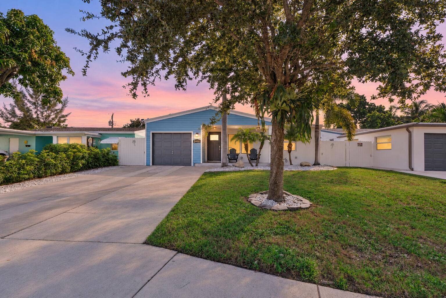 Bright twilight blue house