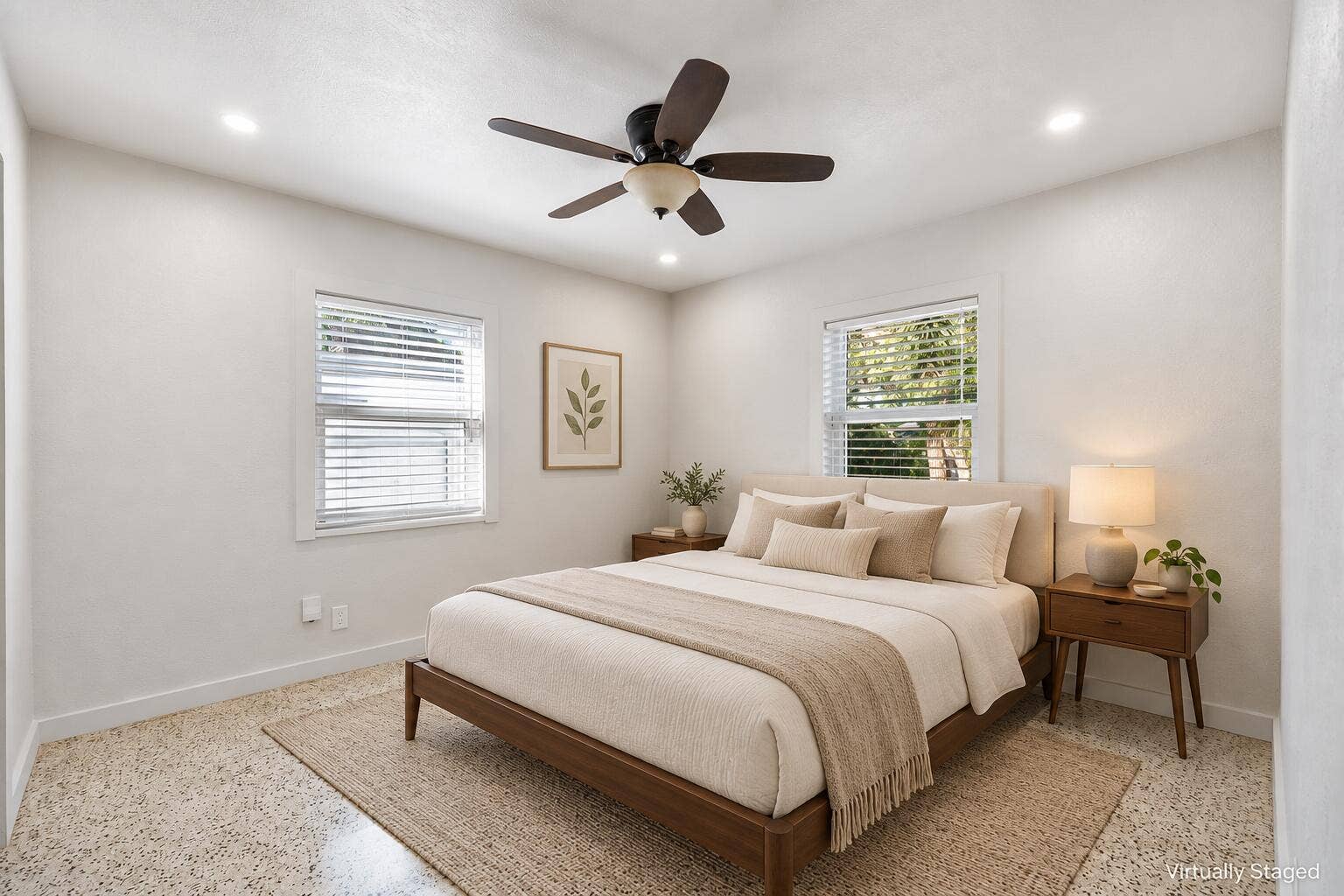 Warm mid-century bedroom staging
