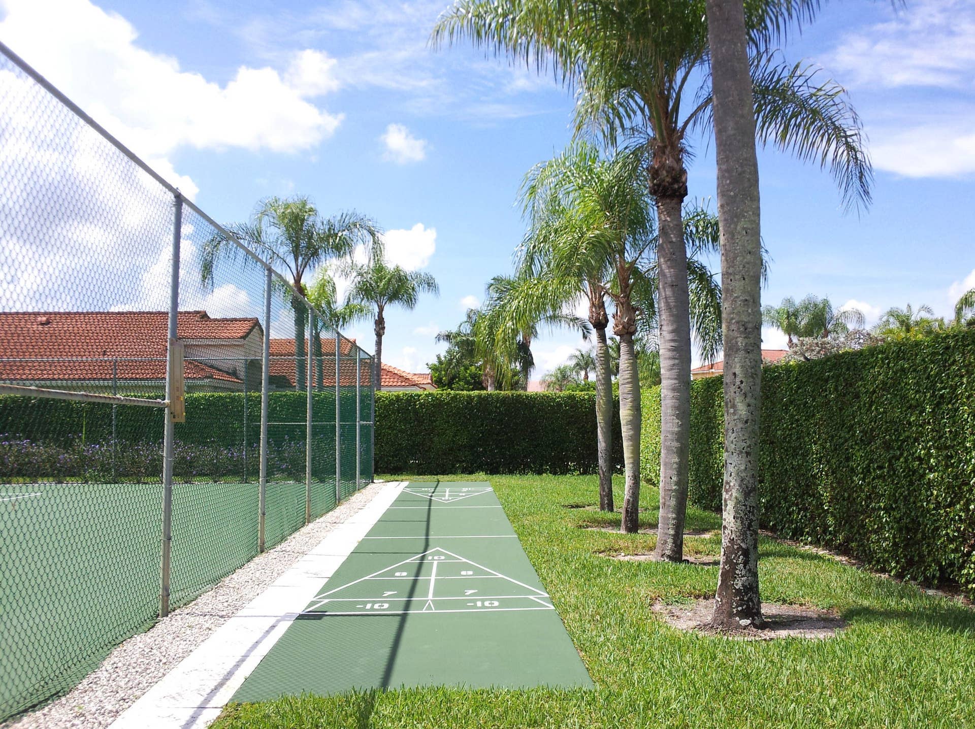Outdoor recreational area featuring a dedicated shuffleboard court, fenced sport court, perimeter hedge landscaping, and mature palm trees