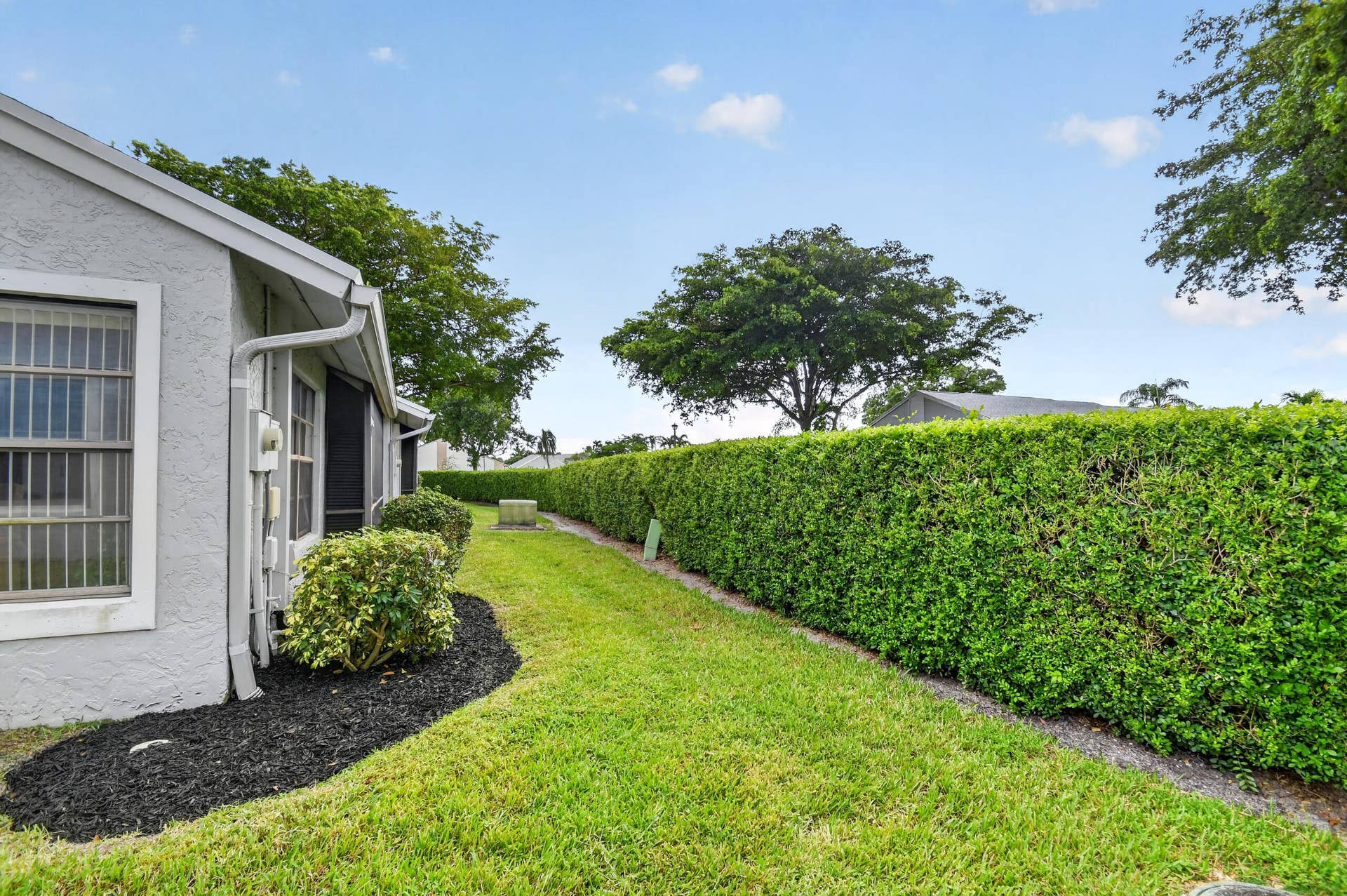 Stucco exterior with landscape hedging and a grass lawn