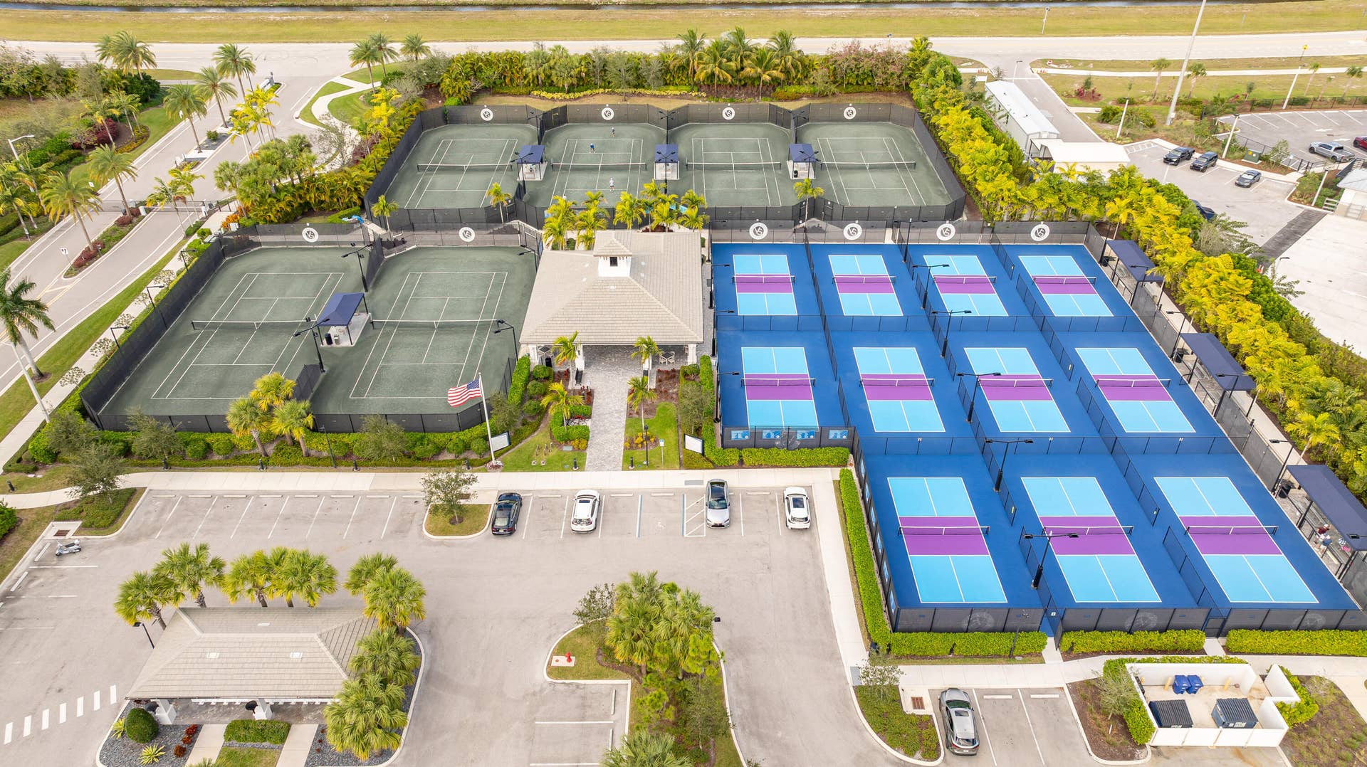 12953 VENETO SPRINGS Drive, Boynton Beach, FL 33473 Aerial View Of 7 Hard-Tru Tennis Courts And 11 Lighted Pickleball Courts