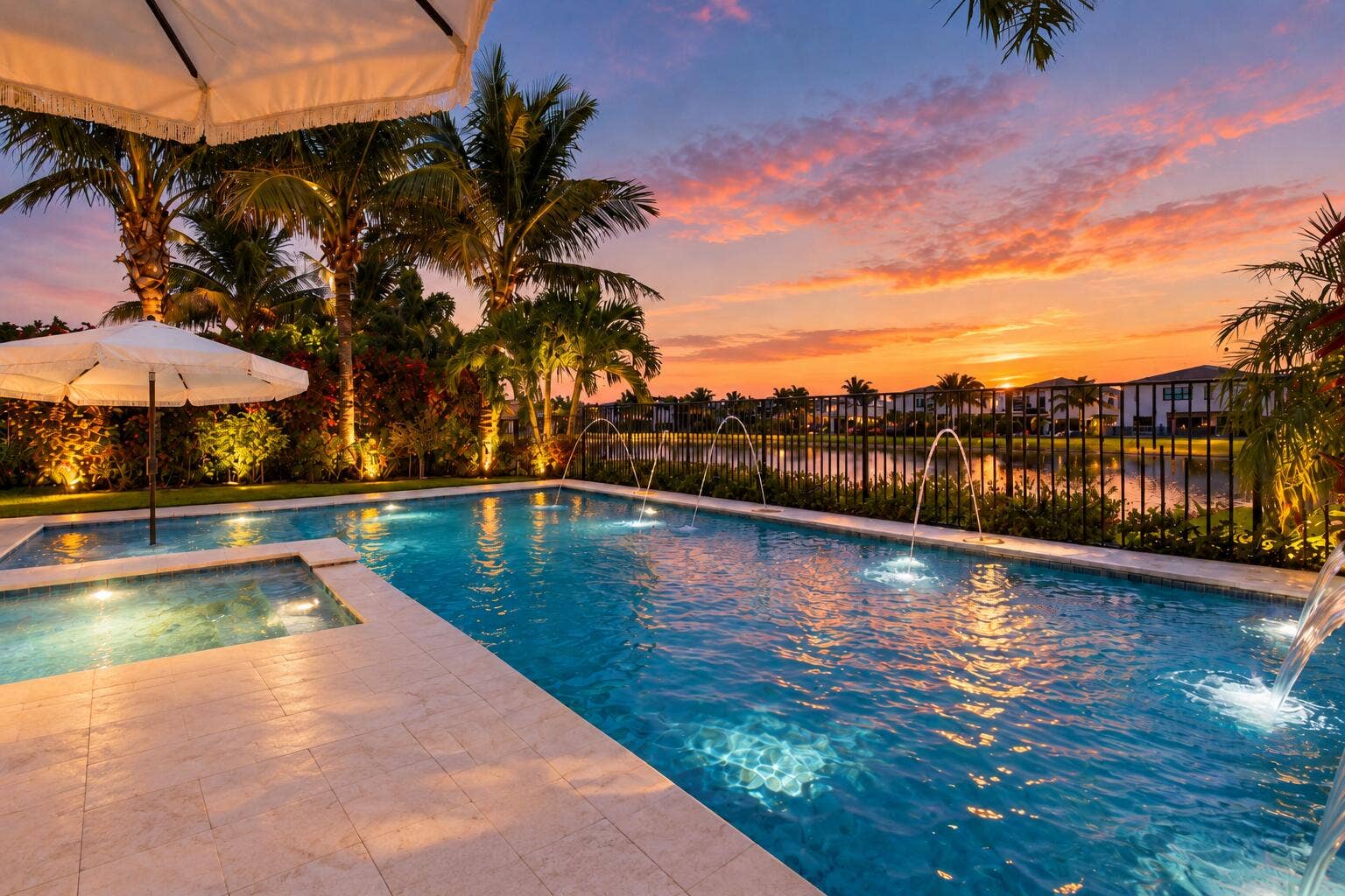 17386 Sea Blossom Way, Boca Raton, FL 33496 Luxury Tropical Pool at Sunset
