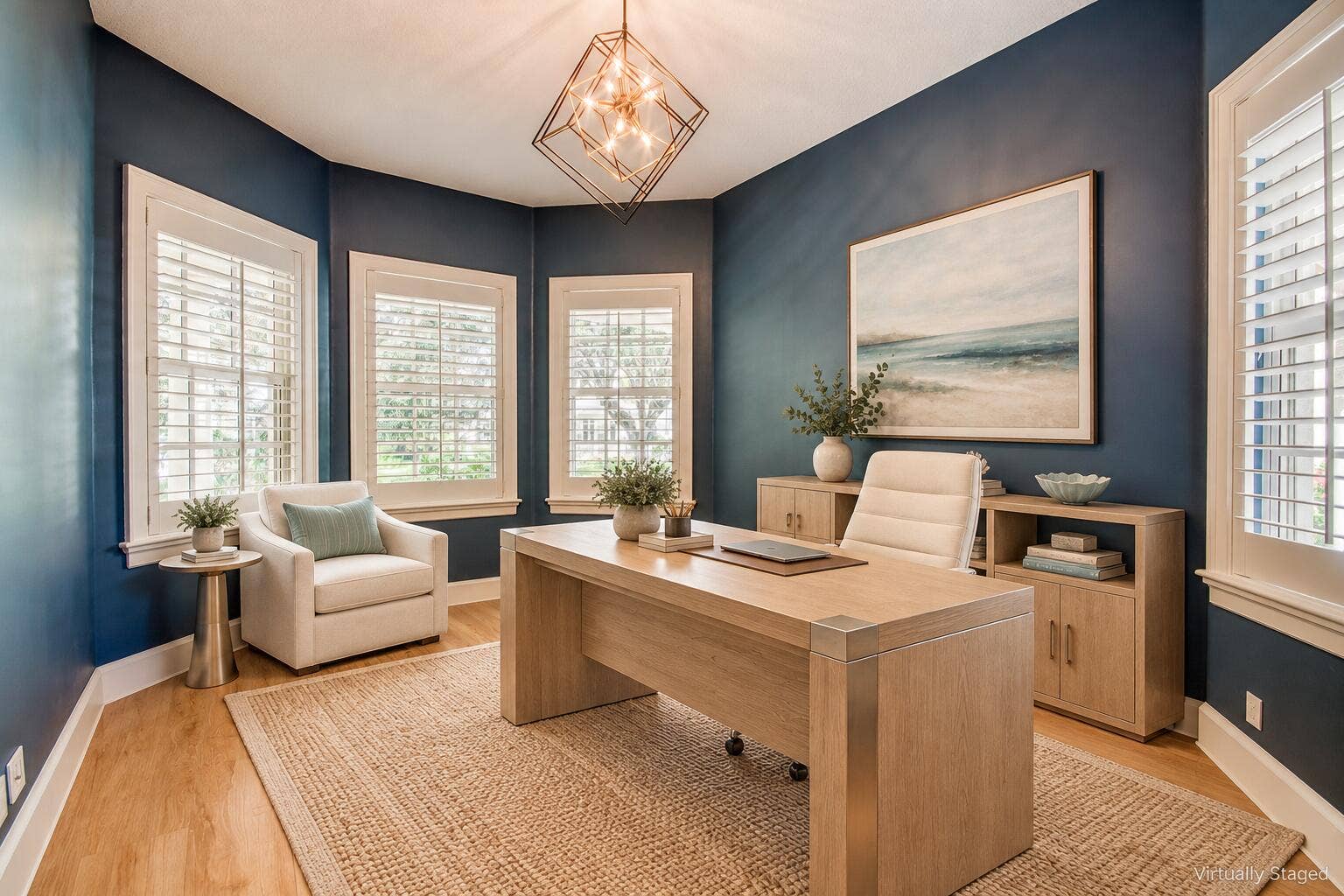 Deep blue coastal office retreat