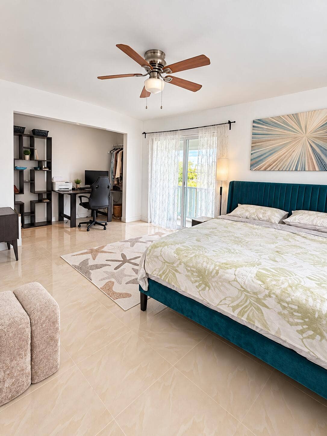 686 BRITTANY O, Delray Beach, FL 33446 Polished tile flooring, ceiling fan with integrated lighting, and sliding glass doors with direct exterior access