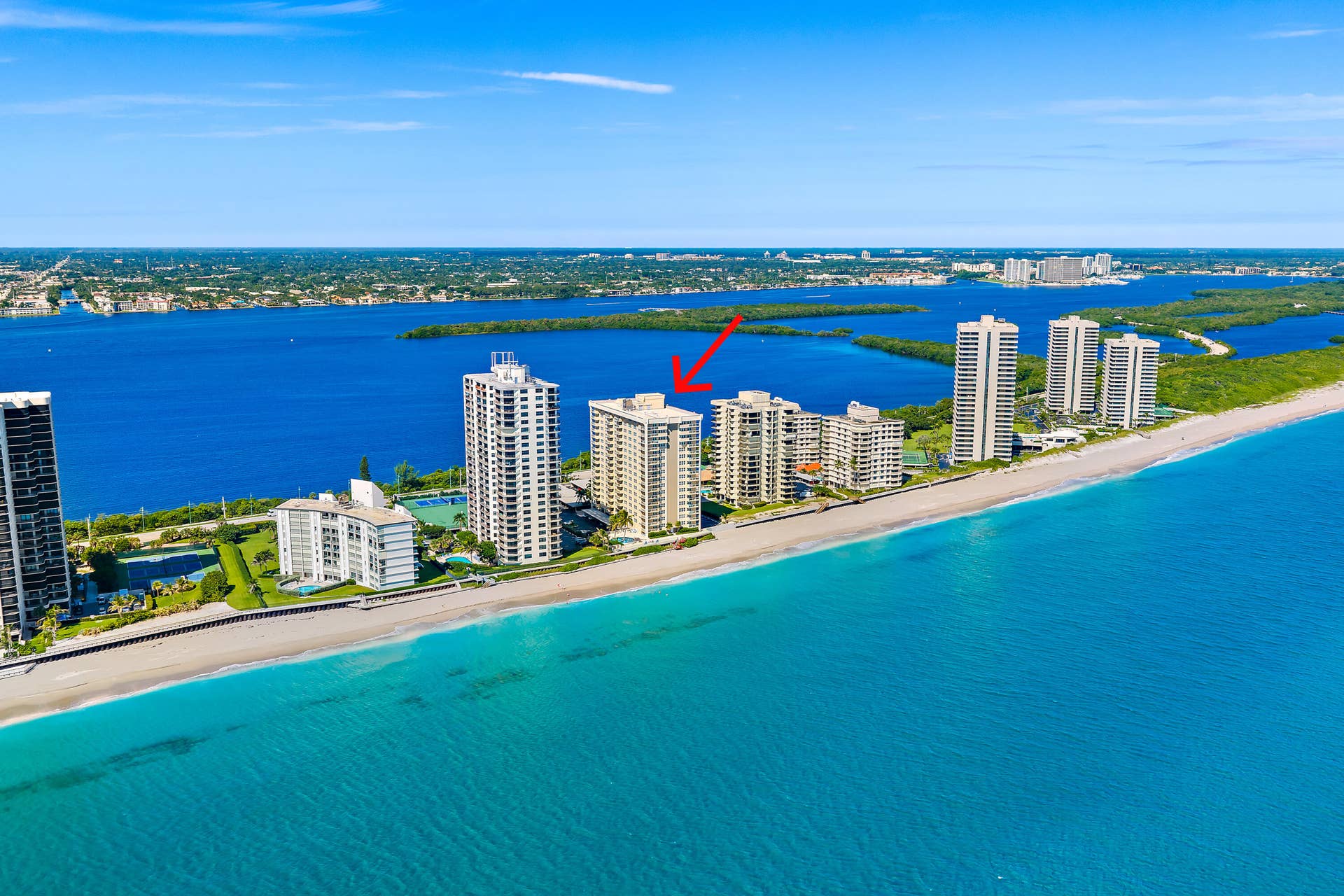 5440 N OCEAN Drive, #PH205, Singer Island, FL 33404 Aquarius Aerial with arrow distance