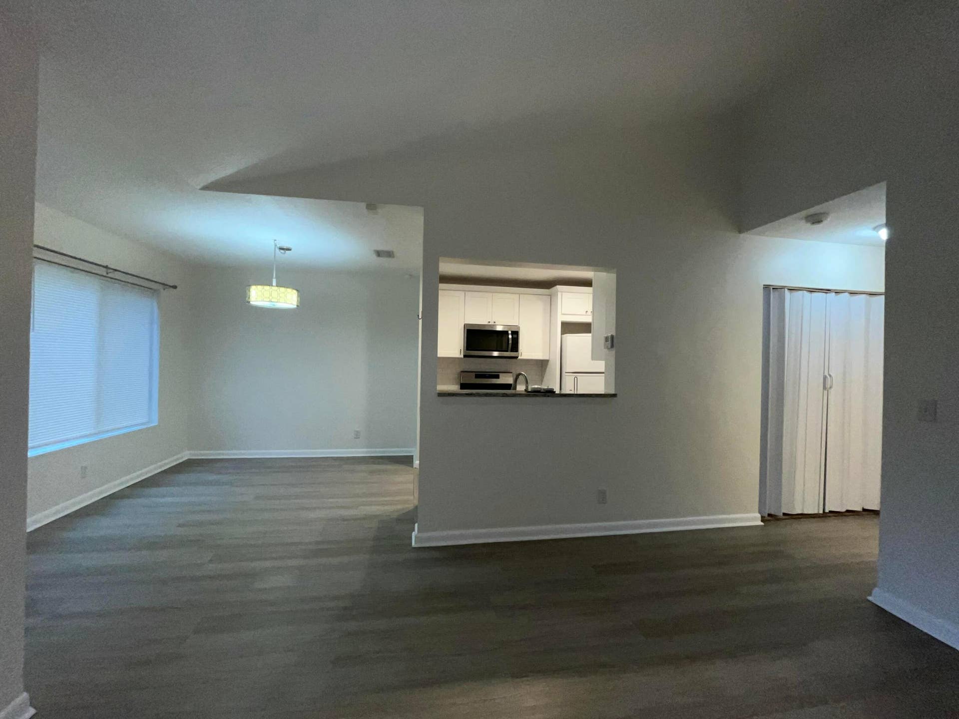 Living room into dining and kitchen