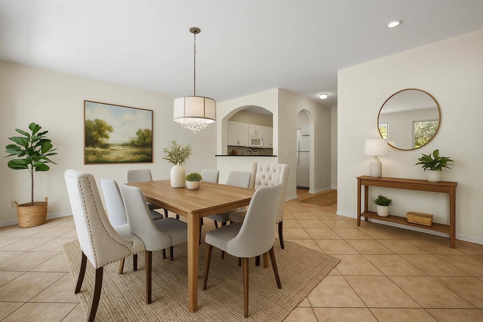 Virtually staged dining area highlighting the open floor plan and space for entertaining.