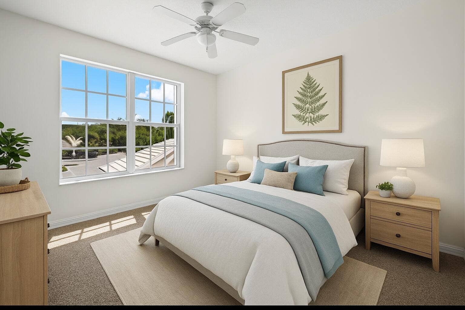 Virtually staged bedroom highlighting its comfortable layout, large window, and natural light.