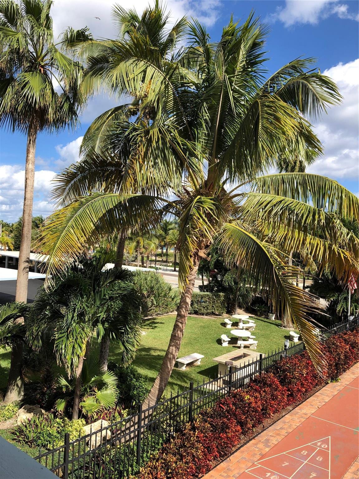 305 N POMPANO BEACH Boulevard, #206, Pompano Beach, Pompano Beach, FL 33062 Landscaped grounds featuring mature palm trees, manicured lawn, stone-topped seating areas, ornamental metal fencing, and a shuffleboard court