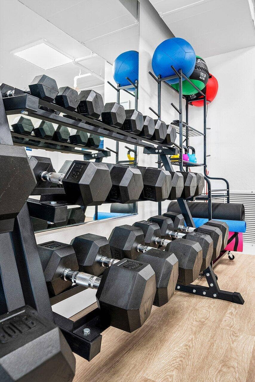 184 Lake Drive, #4201, Palm Beach Shores, FL 33404 Full-length wall mirror, wood-finish flooring, and multi-tier metal storage racks featuring organized heavy-duty hex dumbbells