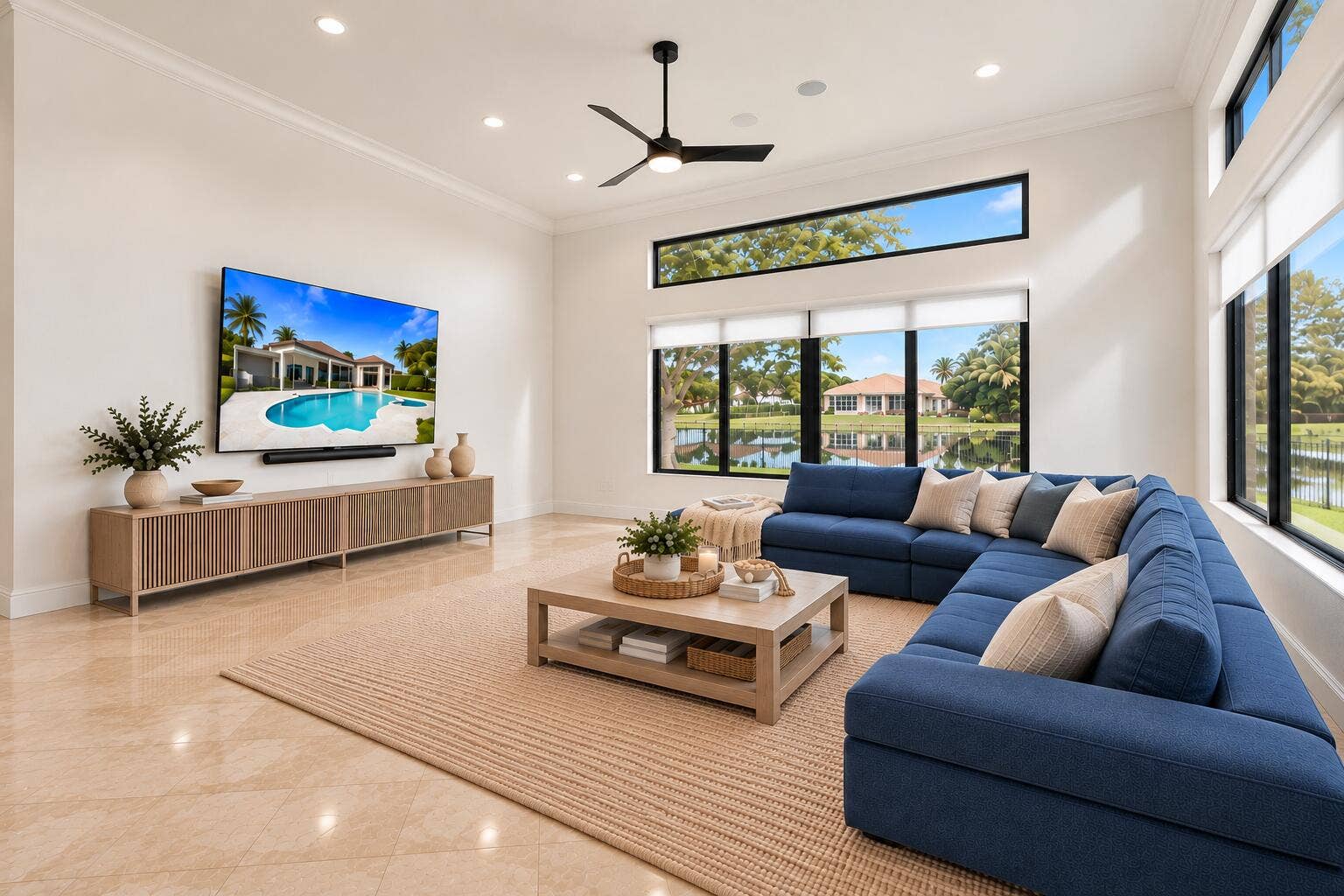 Large family room overlooks lake and pool!