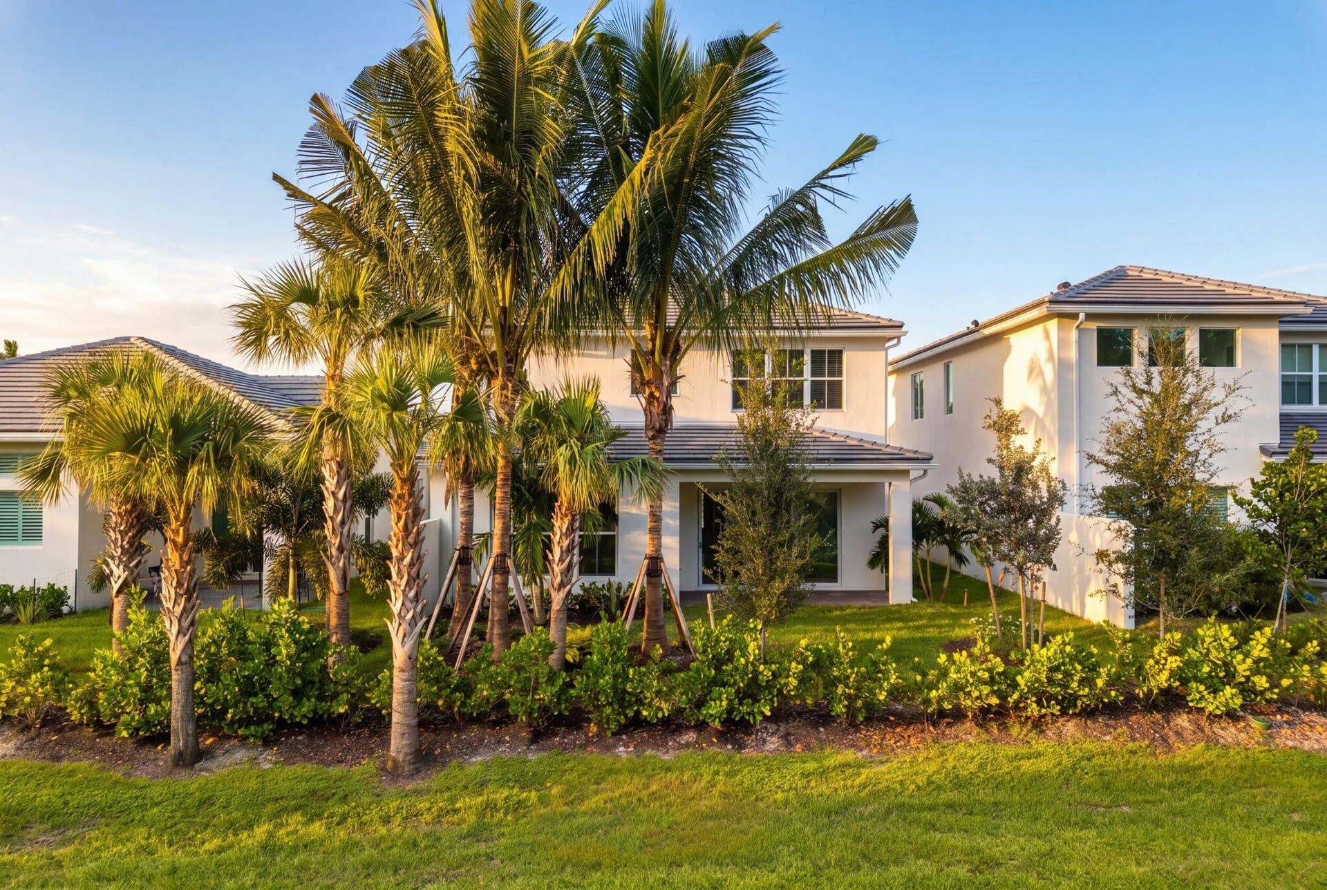 Two-story residence featuring a stucco exterior, a covered rear patio, a tiled roof, and professional landscaping including mature palm trees and shrubs
