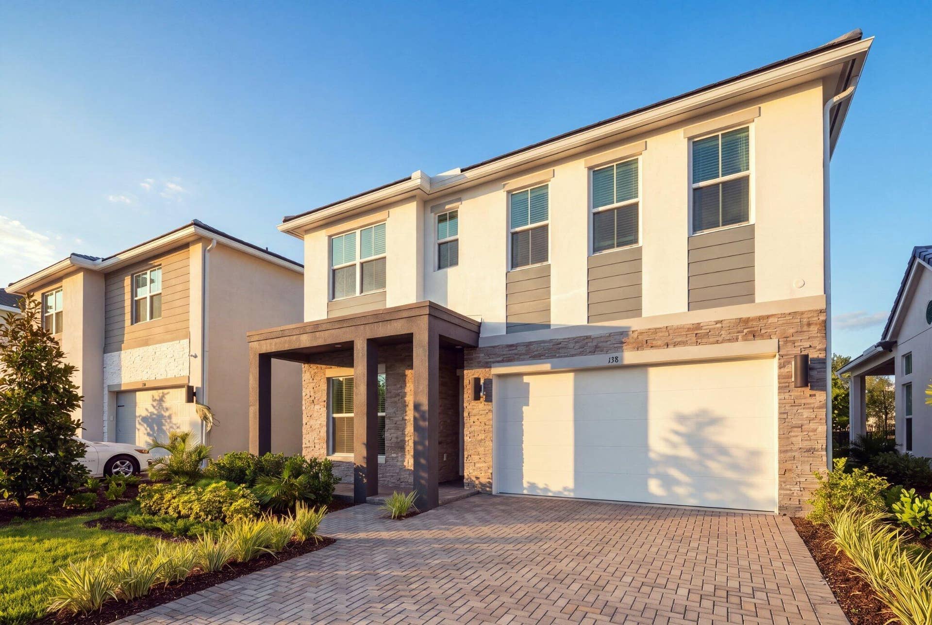 Contemporary two-story exterior featuring a stucco and stone veneer facade, horizontal siding accents, a paved driveway, and an attached two-car garage