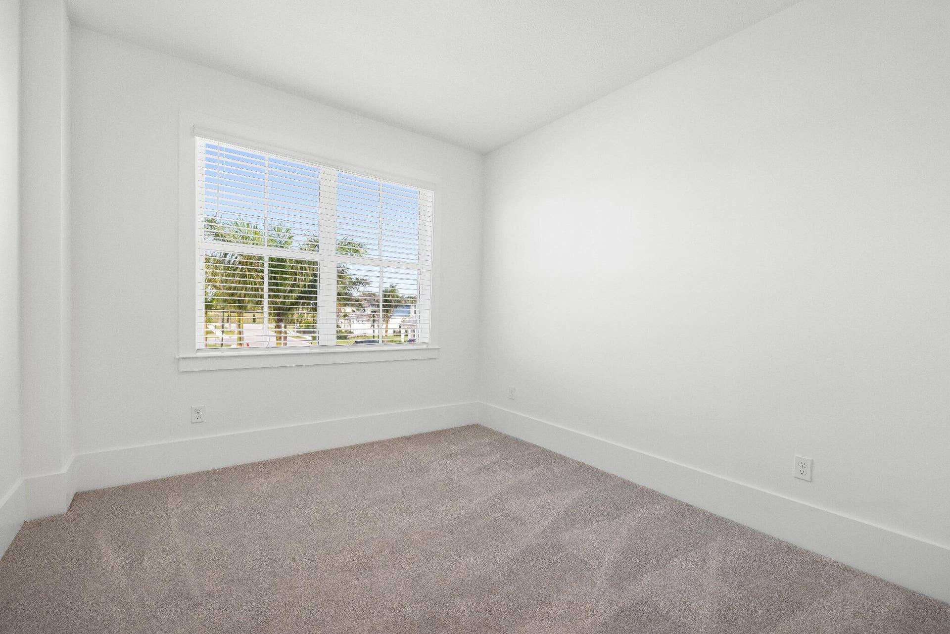 Neutral-toned carpeting, crisp white walls, and a large multi-pane window with adjustable blinds