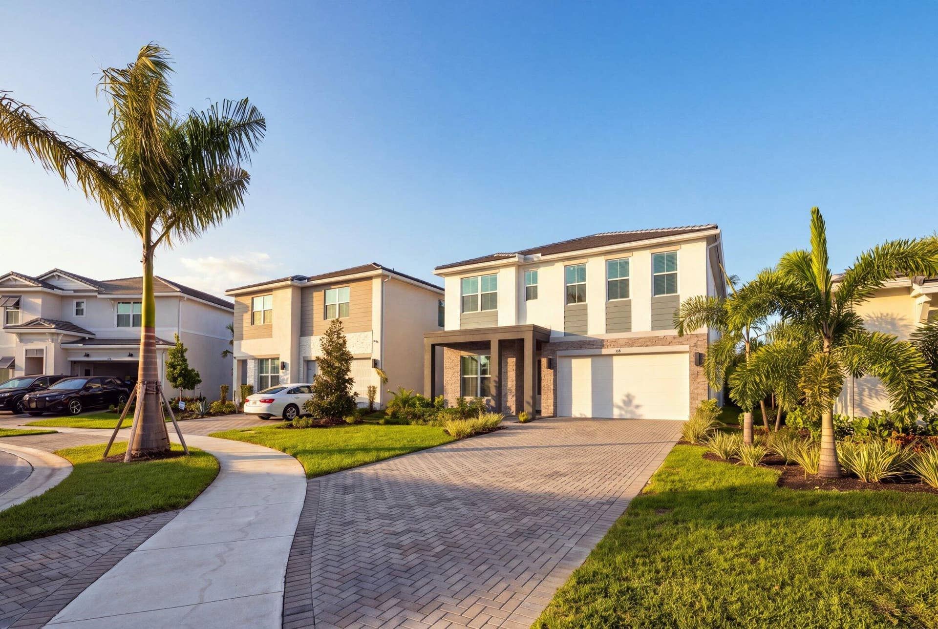 Two-story exterior featuring a stone and stucco faade, paver driveway, attached two-car garage, and established tropical landscaping