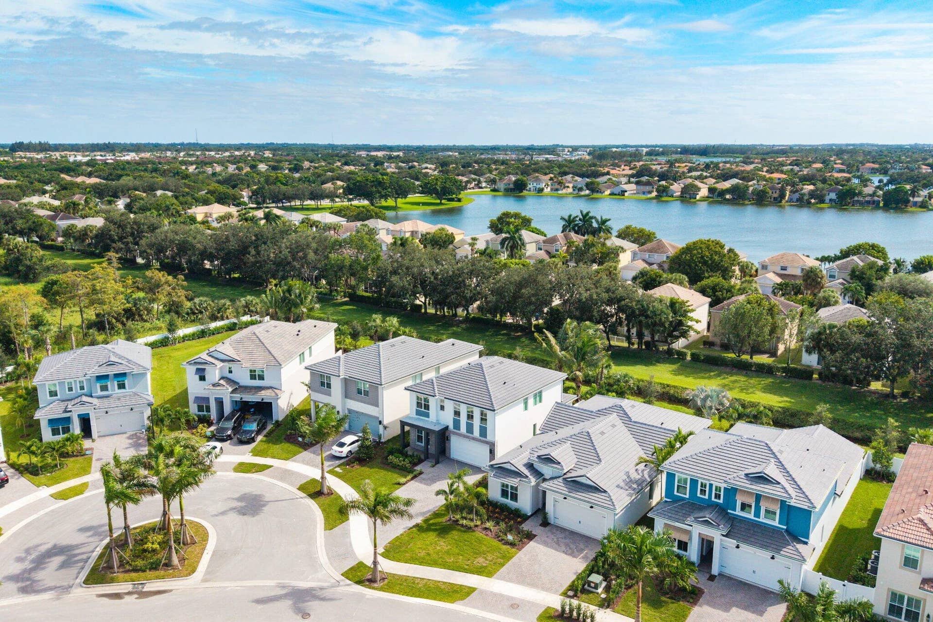 Aerial perspective of a suburban neighborhood featuring paved cul-de-sac streets, manicured landscaping, concrete driveways, and proximity to a large central lake