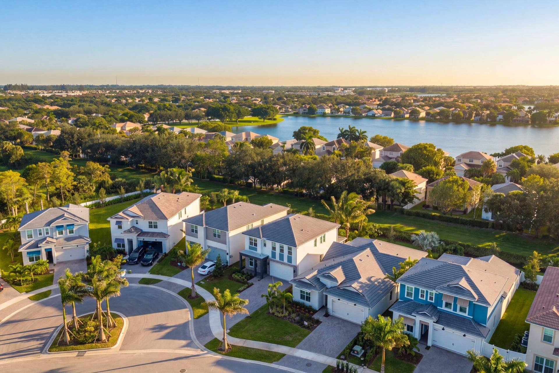 Aerial perspective of a residential community featuring multi-story dwellings, concrete paved driveways, a circular cul-de-sac, manicured landscaping with palm trees, and proximity to a large body of water