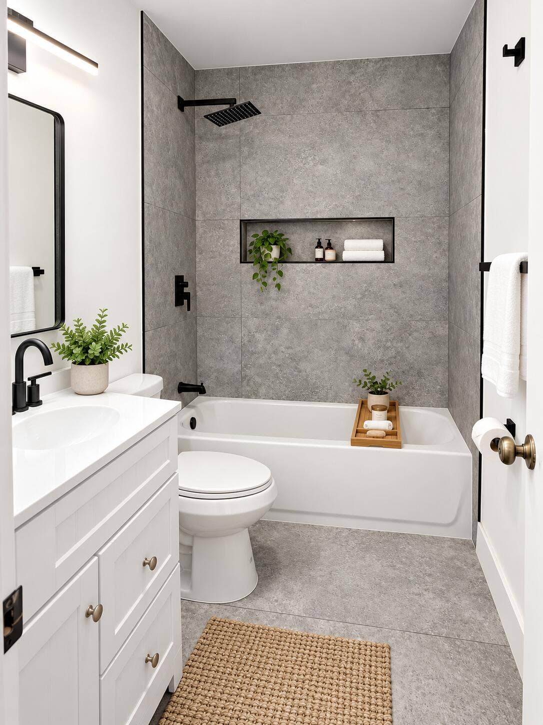 White vanity with a solid surface countertop, matte black faucet, gray stone-finish tile surround, built-in recessed shower niche, and matte black rainfall shower fixture