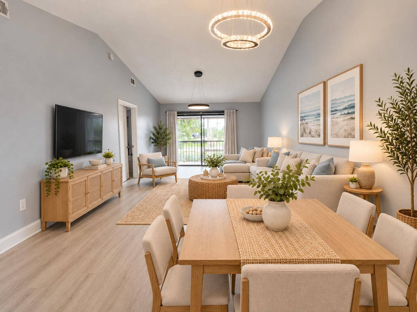 Vaulted ceilings, wood-finish flooring, recessed lighting, and contemporary dual-ring pendant chandeliers, featuring sliding glass doors to a balcony
