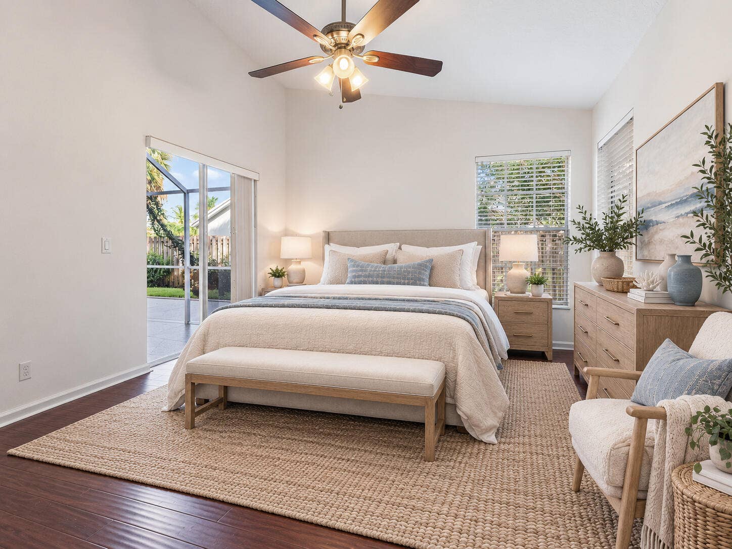 6037 Foster Street, Jupiter, FL 33458 VIRTUALLY STAGED. Primary bedroom shown with digital furniture and decor to illustrate possible updates.