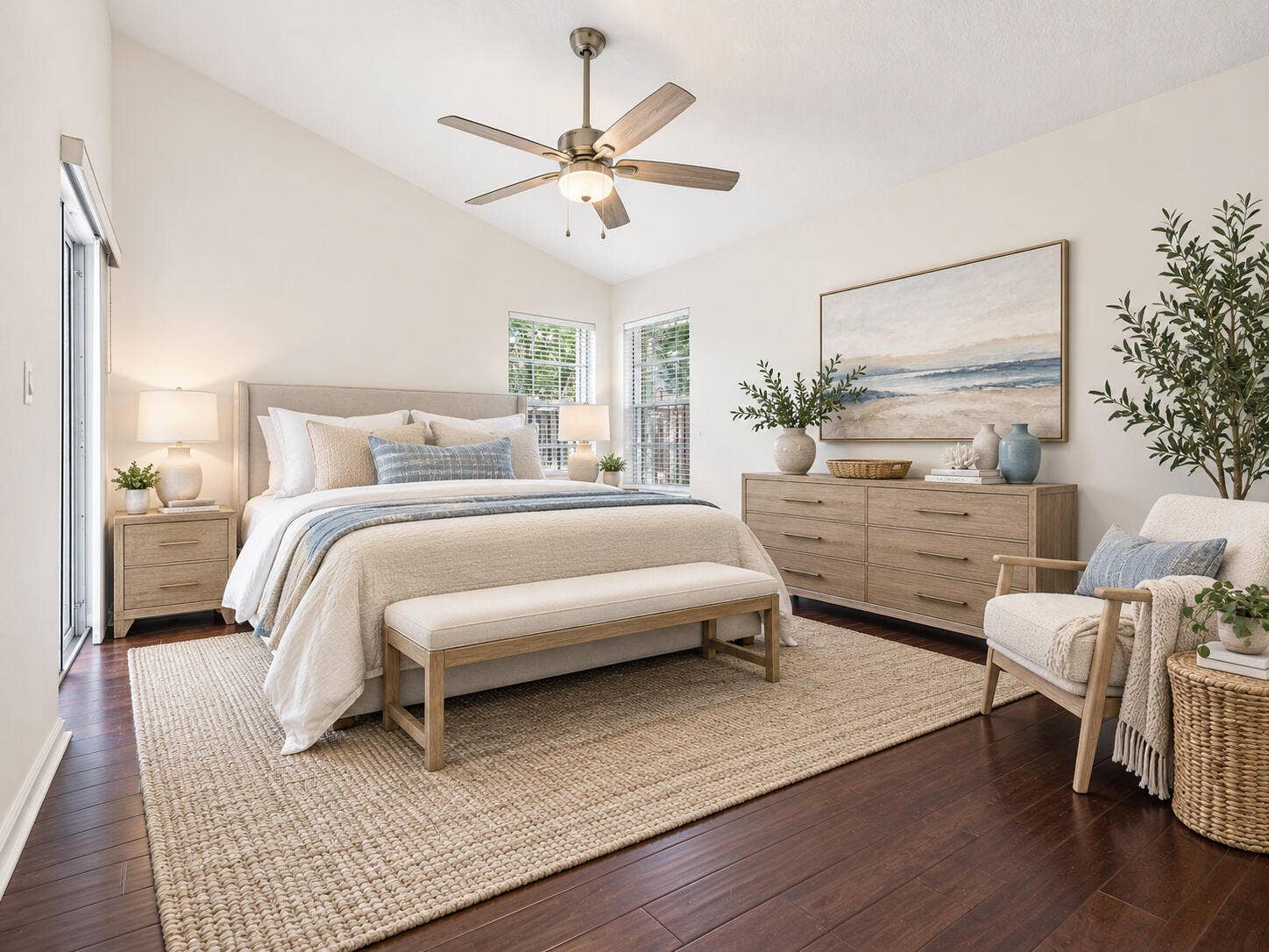 6037 Foster Street, Jupiter, FL 33458 VIRTUALLY STAGED. Primary bedroom shown with digital furniture and decor to illustrate possible updates.