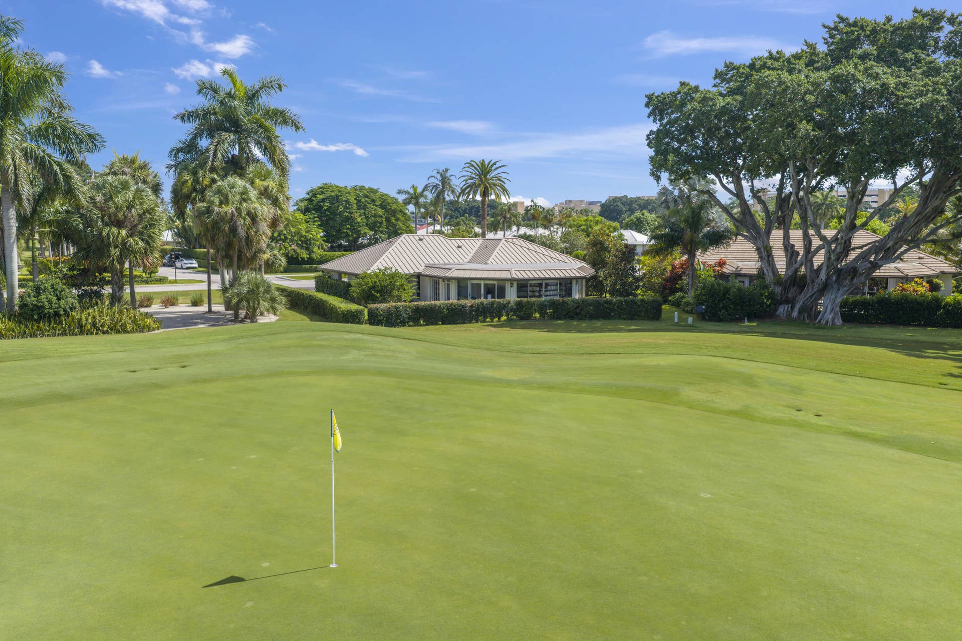 137 Clubhouse Boulevard, Atlantis, FL 33462 Expansive green space featuring manicured lawn, established palm trees, mature canopy trees, and golf course terrain