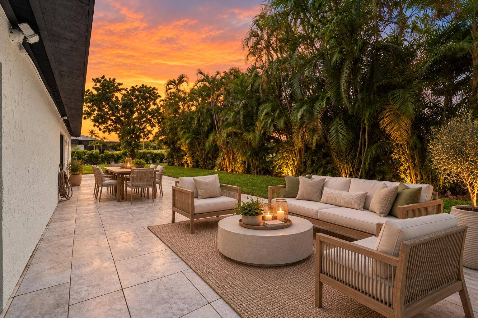 6111 WHITE OAK Lane, Tamarac, FL 33319 Expansive outdoor patio featuring light-toned tile flooring, manicured lawn, and mature perimeter landscaping