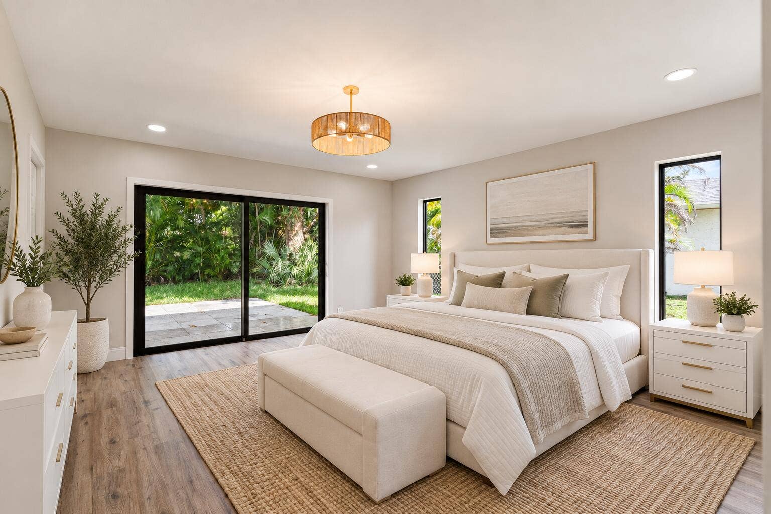 6111 WHITE OAK Lane, Tamarac, FL 33319 Living space featuring wood-finish flooring, recessed lighting, a decorative drum chandelier, sliding glass doors, and vertical windows