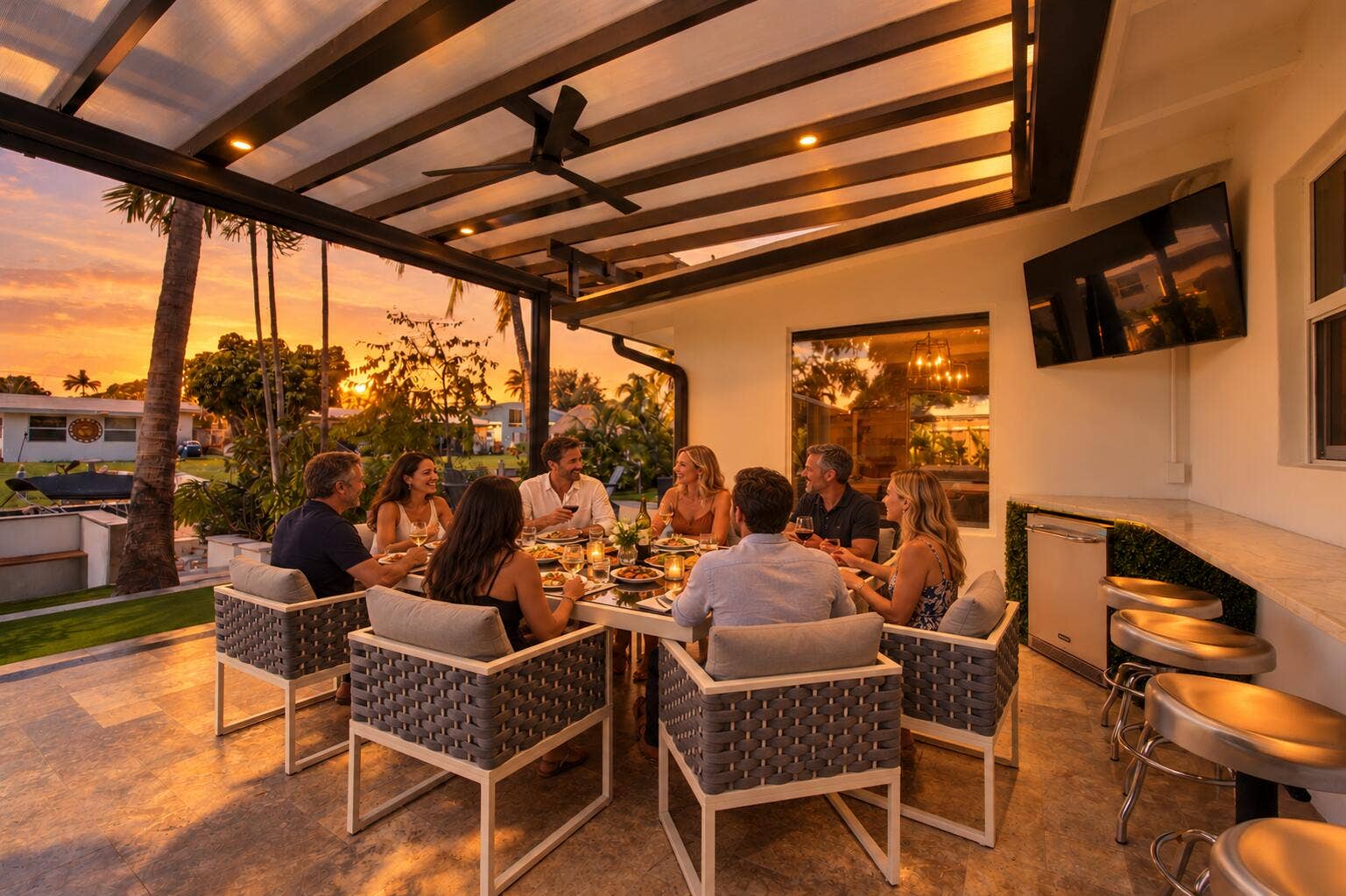 2449 KEY LARGO Lane, Fort Lauderdale, FL 33312 Covered outdoor living space featuring a louvered patio ceiling, recessed lighting, ceiling fan, stone-finish flooring, and a built-in outdoor kitchen counter with an under-counter refrigerator