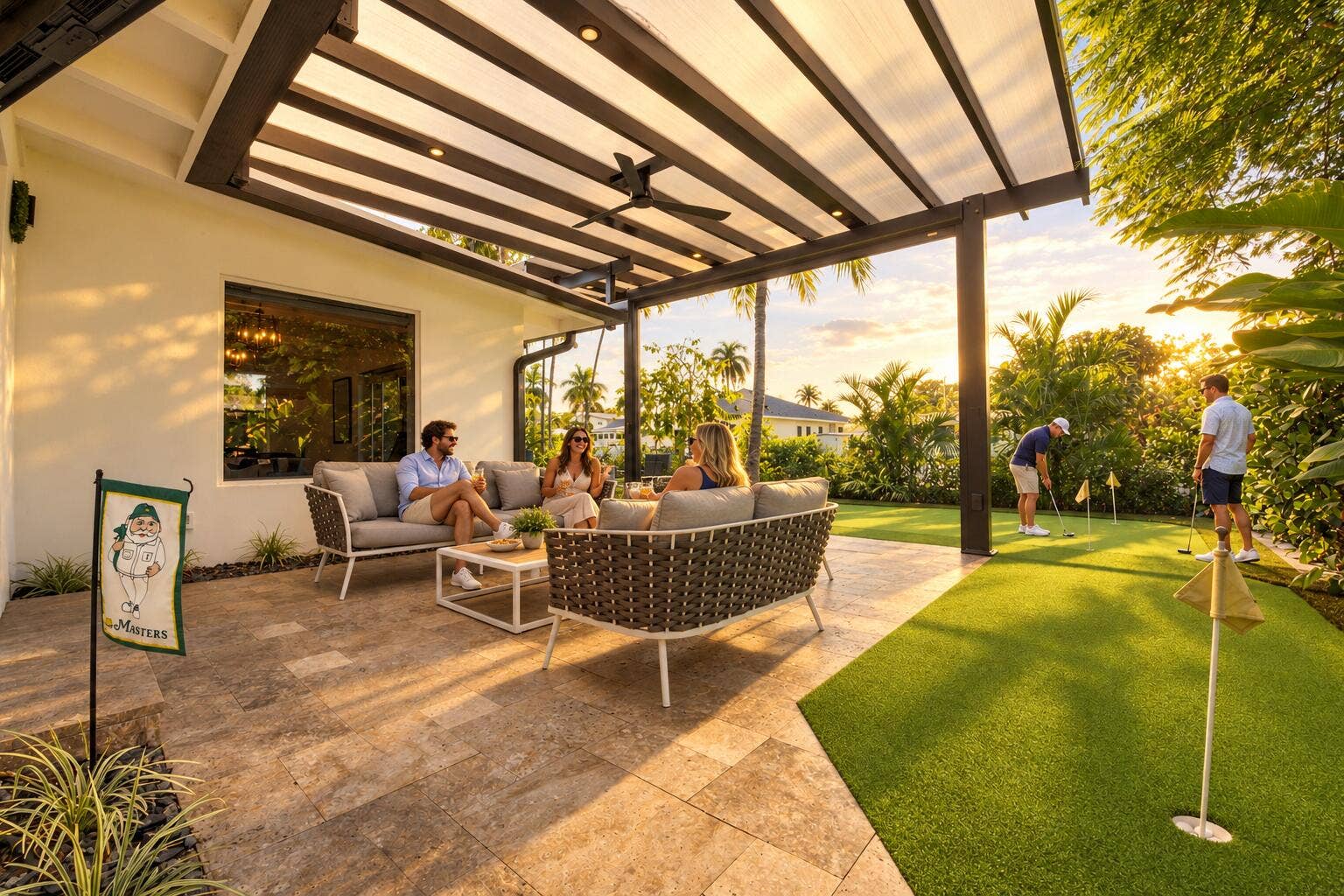 2449 KEY LARGO Lane, Fort Lauderdale, FL 33312 Covered patio featuring stone-tile flooring, integrated recessed lighting, and a ceiling fan, complemented by an artificial turf putting green