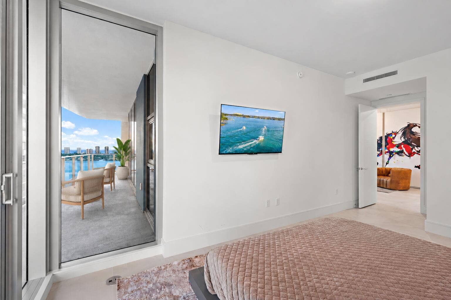 220 Lake Shore Drive, #1802, Lake Park, FL 33403 Primary Suite - Balcony Virtually Staged