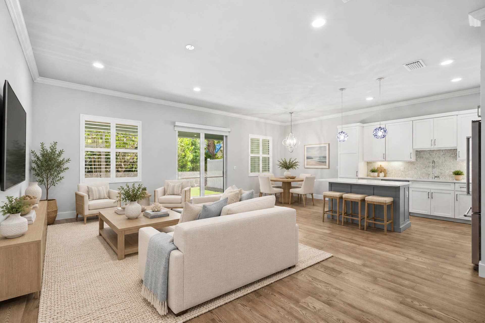 Living room, dining room and kitchen