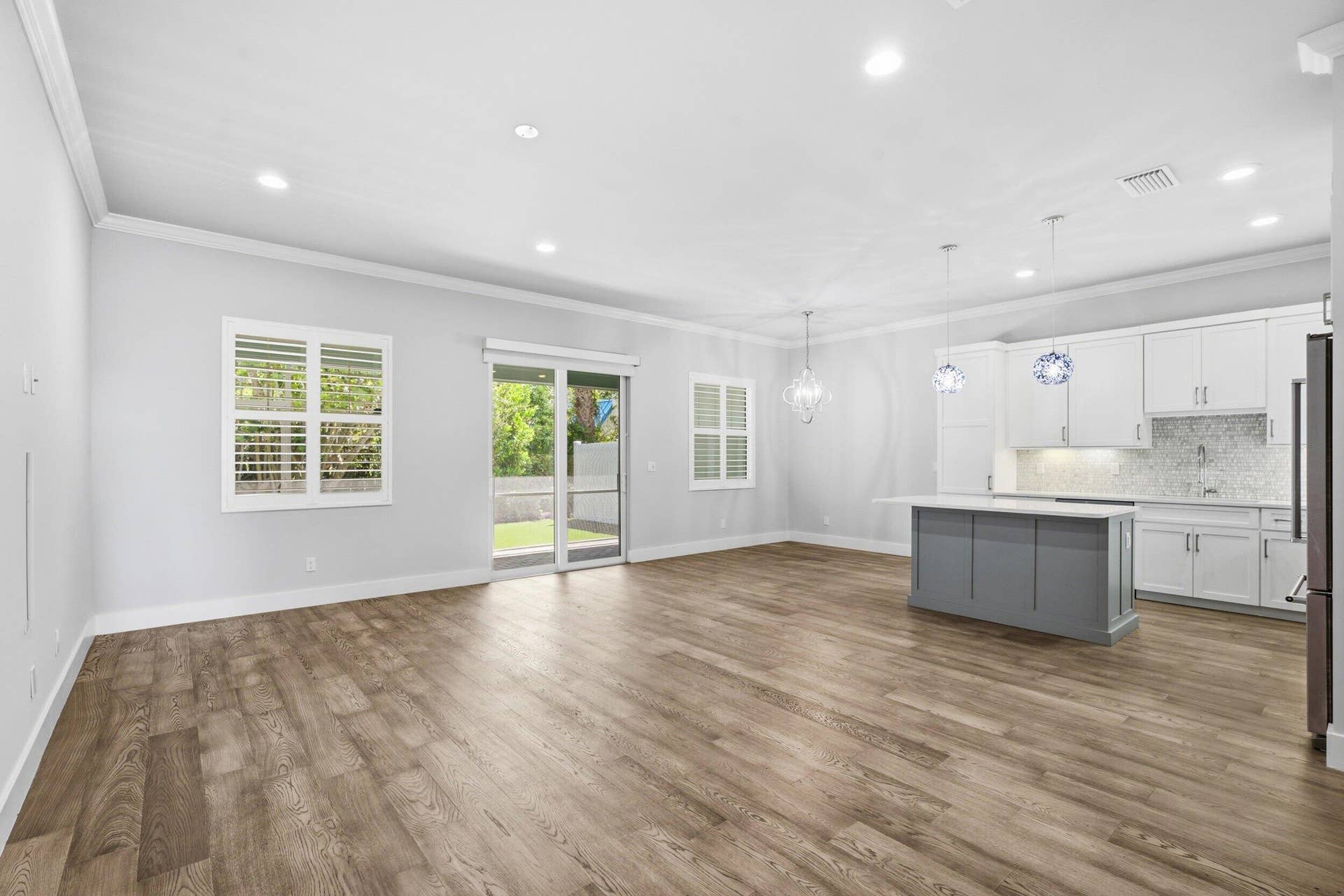 Living room, dining room and kitchen