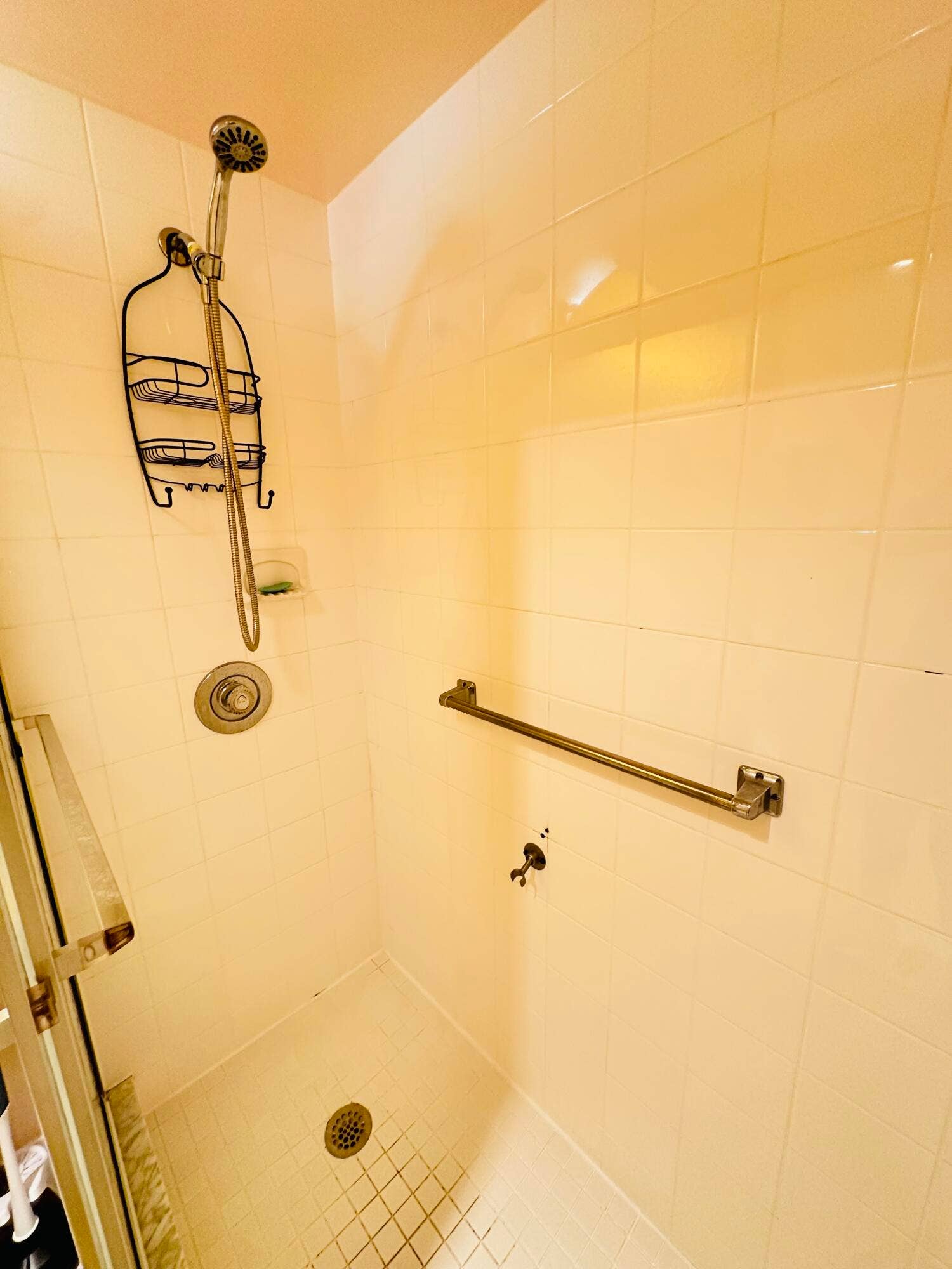 4011 NEWPORT G, Deerfield Beach, FL 33442 Walk-in shower featuring tiled wall surfacing, a detachable shower head, a built-in recessed shelf, and a horizontal grab bar