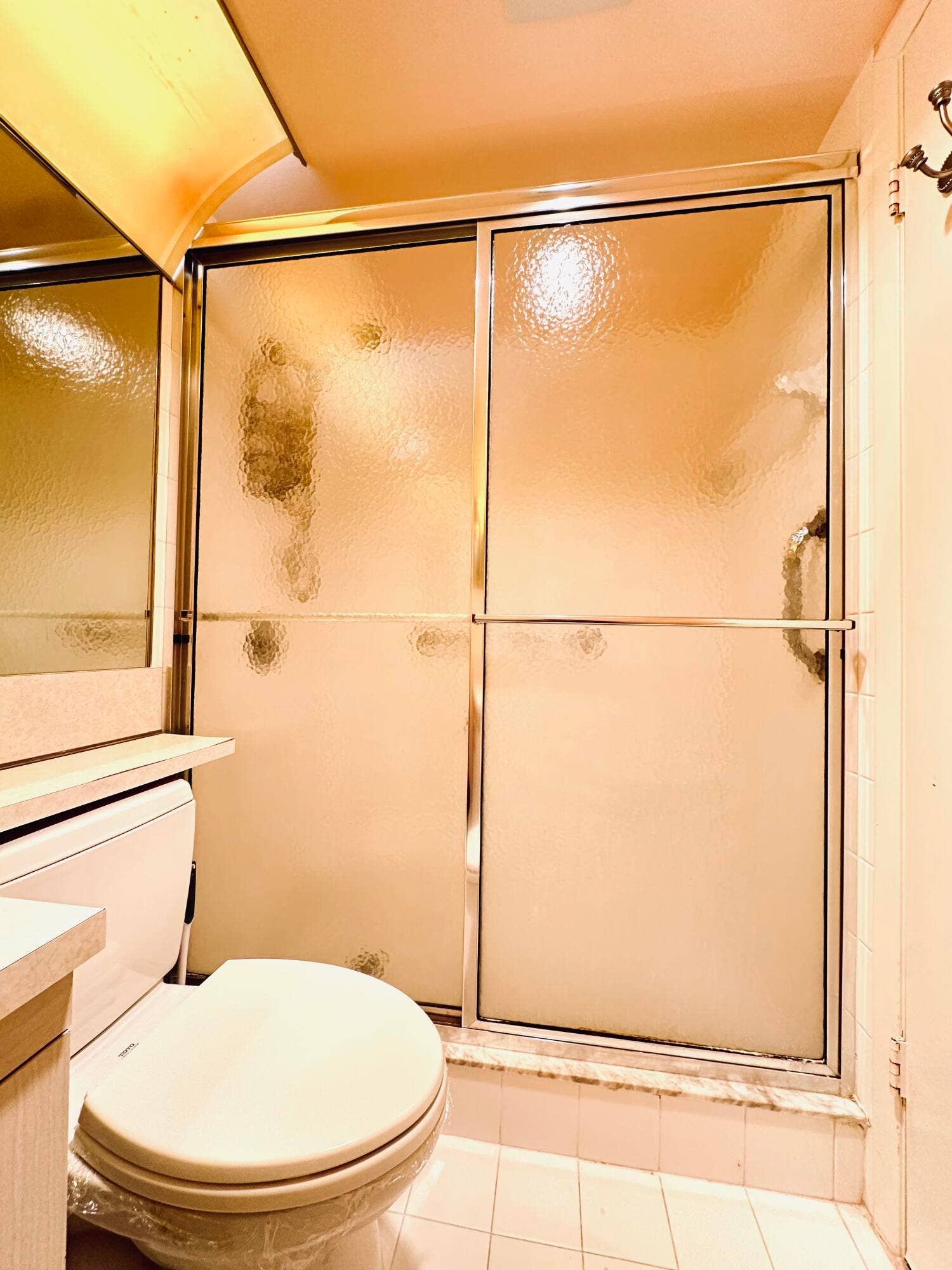 4011 NEWPORT G, Deerfield Beach, FL 33442 Walk-in shower enclosure featuring textured glass panels with polished metal framing, neutral tile flooring, and a solid-surface vanity countertop