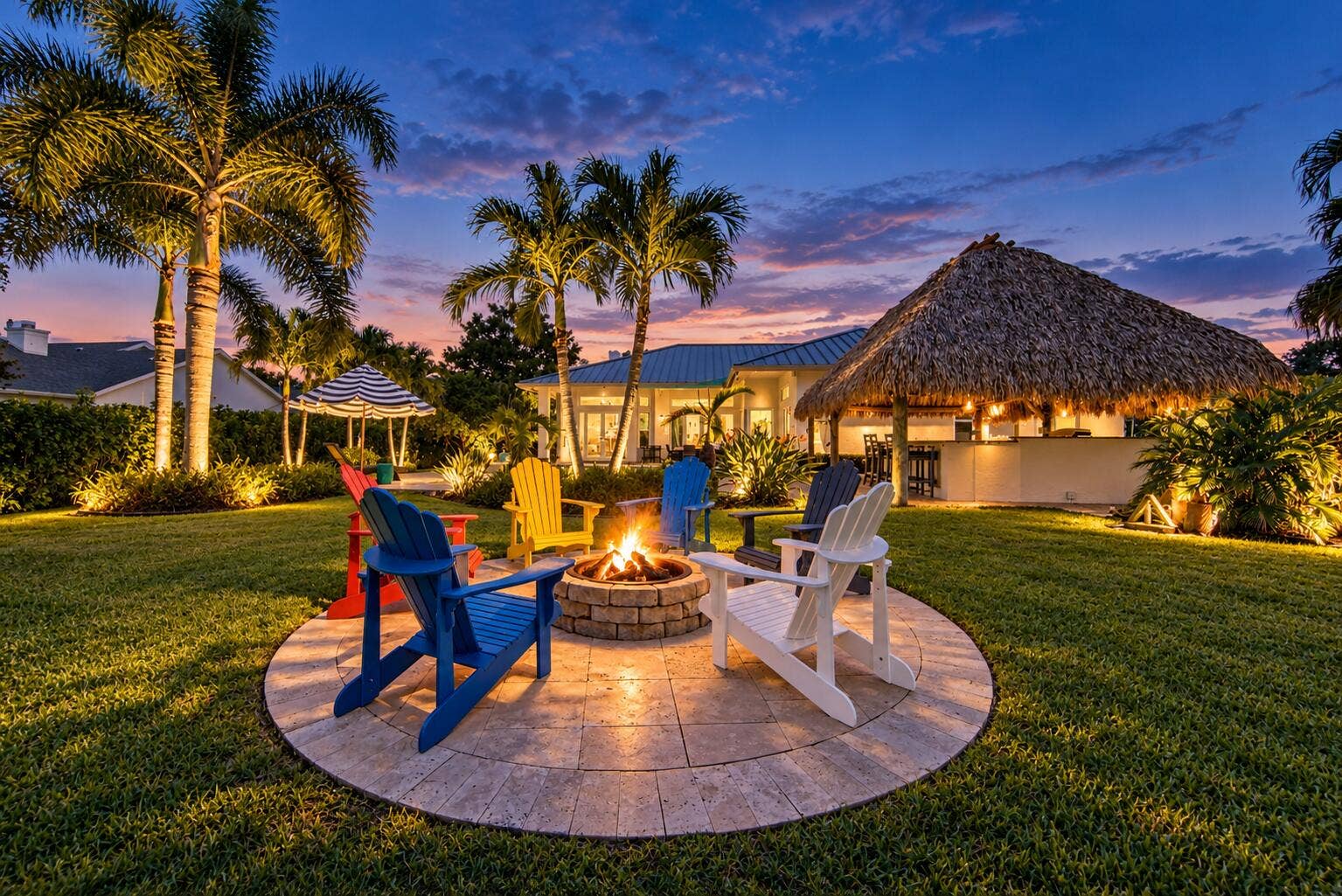 Twilight Tropical Backyard Fire Pit