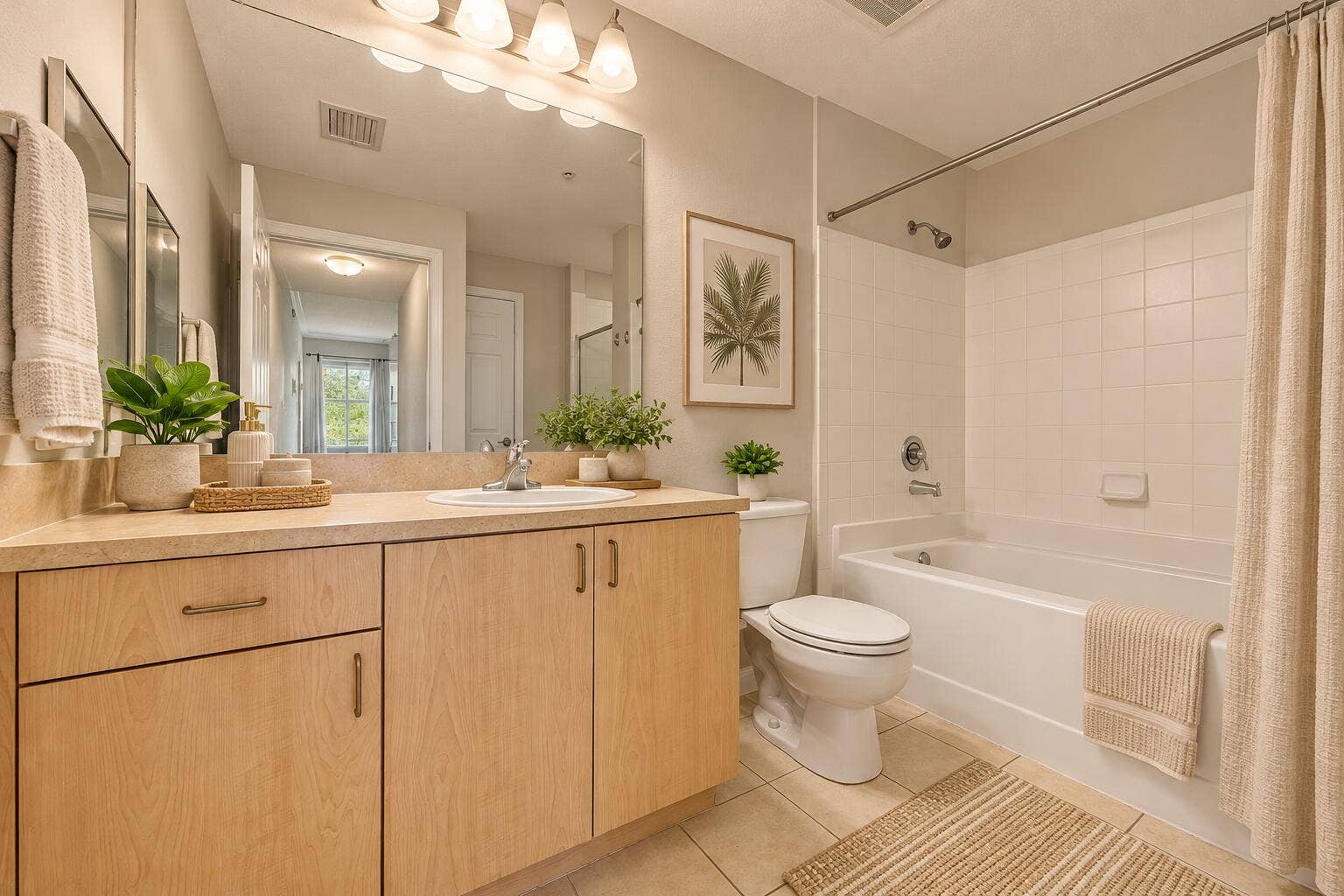 533 NE 3RD Avenue, #202, Fort Lauderdale, FL 33301 Bathroom featuring a wood-finish vanity with a drop-in sink, solid-surface countertop, full-width mirror, and a tub-shower combination with tiled surround