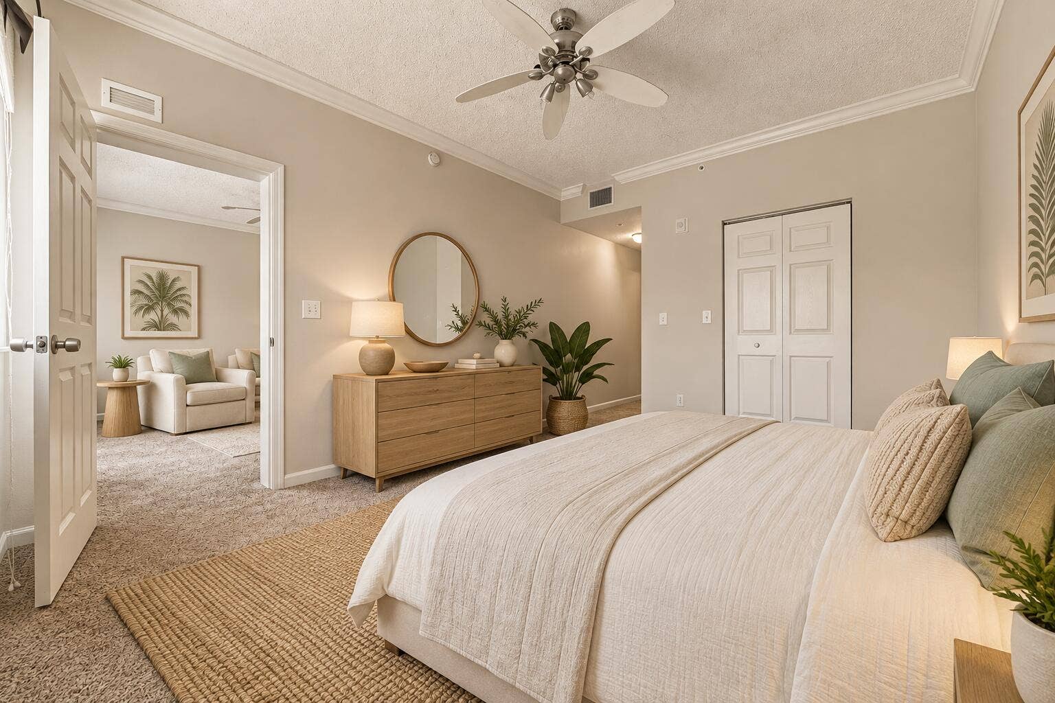 533 NE 3RD Avenue, #202, Fort Lauderdale, FL 33301 Neutral-toned interior featuring crown molding, carpeting, and a ceiling fan with light fixture, complemented by double-door closet cabinetry